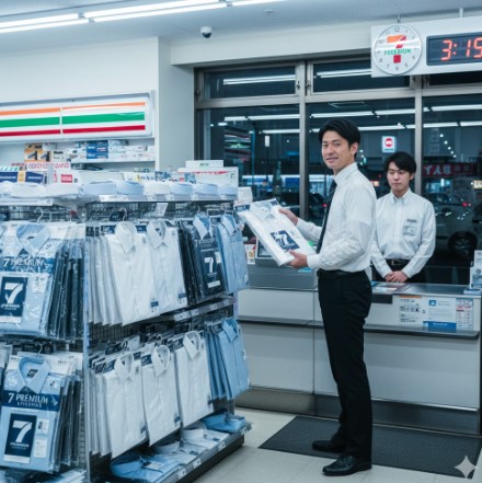 深夜のセブンイレブンで、男性客がワイシャツを選び、レジの店員が笑顔で迎えている。