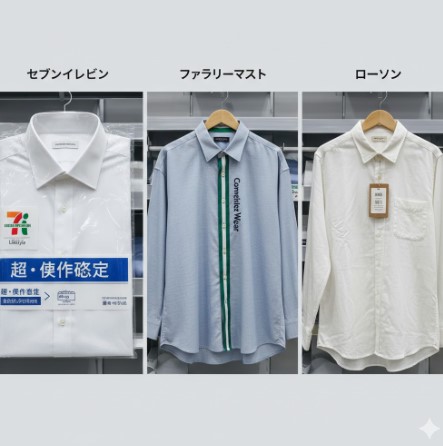 セブンイレブン、ファミリーマート、ローソンのワイシャツが並べられ、それぞれの特徴が比較されている。