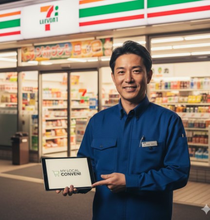 現役の日本人コンビニ店長が笑顔でタブレットを持ち、「マイローカルコンビニ」のロゴを表示している。背景には夜のセブンイレブン店舗がぼんやりと見える。