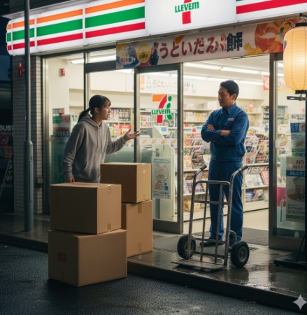 セブンイレブンの店員が店舗前で腕を組み、困惑した表情の女性客が隣に積まれた段ボール箱を指しながら台車を借りようとしている。
