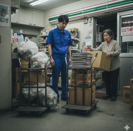 コンビニのバックヤードで、業務用の台車に積まれた雑誌やゴミ袋が置かれ、店員が台車を借りようとする高齢の女性客に申し訳なさそうな顔で説明している。
