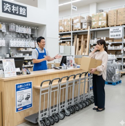 ホームセンターの資材館カウンターで、笑顔の日本人男性店員が台車レンタルについて説明しており、段ボール箱を抱えた女性客が喜んで聞いている。手前にはレンタル用の台車が並んでいる。