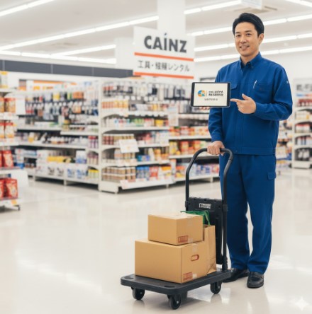 ホームセンターの店員がカインズのロゴ入り作業着を着て、静音台車に段ボールを乗せて立ち、タブレットで「CAINZ Reserve」のWEB予約画面を示している。