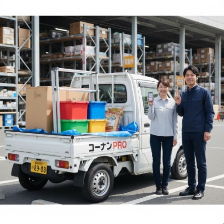 ホームセンターの駐車場で、軽トラックの荷台に多くの段ボールやコンテナが積まれている。男女の日本人店員が軽トラックのそばで笑顔で立ち、軽トラック無料貸出サービスをアピールしている。