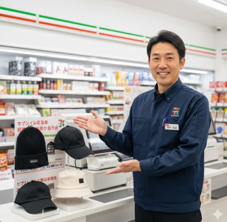 セブンイレブンの制服を着た日本人男性の店長が、店内でFound Goodの帽子を指し示している。