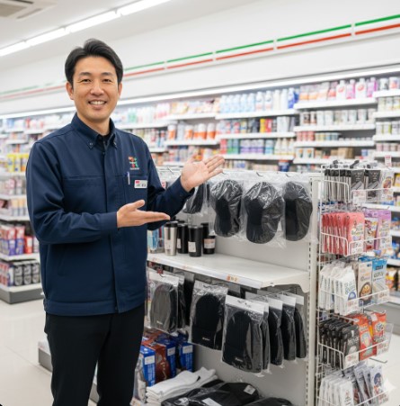 セブンイレブンの店長が、店内の棚にある防寒用ニット帽の陳列を笑顔で指し示している。