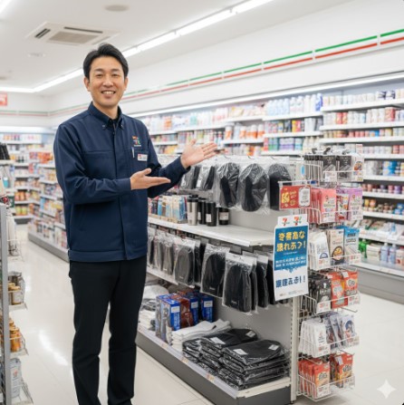 セブンイレブンの制服を着た日本人店長が、冬用のニット帽や防寒グッズが陳列された棚を案内している。
