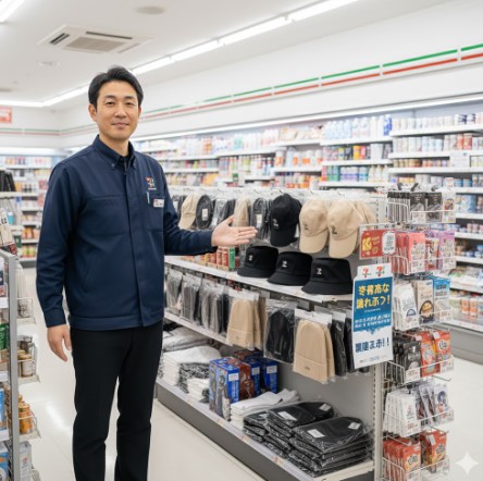 セブンイレブンの店長が、新ブランドFound Goodのキャップやハット、ニット帽が並んだ棚を指し示し、商品の豊富さをアピールしている。