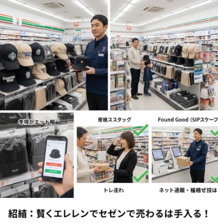 セブンイレブンのFound Goodとファミリーマートのコンビニエンスウェアの帽子のデザインを比較している。