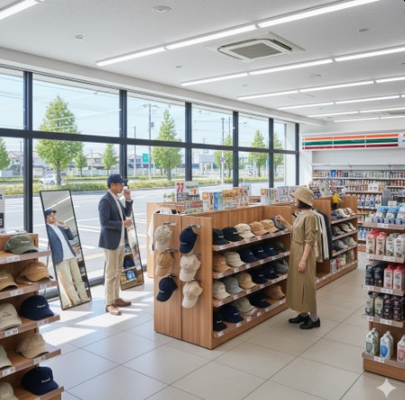 広々としたセブンイレブンのSIPストアで、男女二人がFound Goodの帽子を試着したり、商品を吟味したりしている。