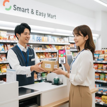 コンビニエンスストアのカウンターで、笑顔の日本人店員が女性客にFound Goodのネット注文品を手渡している。