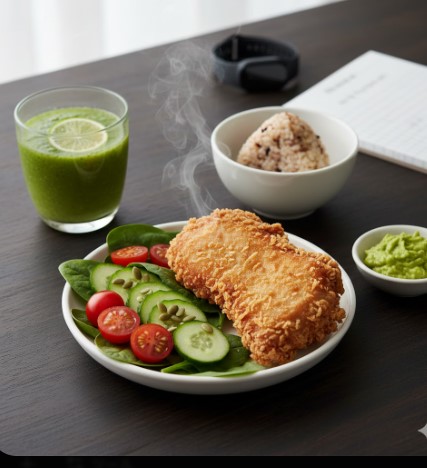 揚げ鶏とサラダ、スムージーが写っており、健康的な食事の選択肢であることを示唆する画像