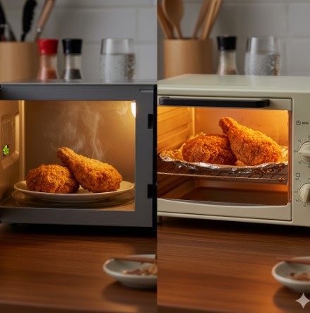 電子レンジとオーブントースターを使って揚げ鶏を温め直す手順を示す画像