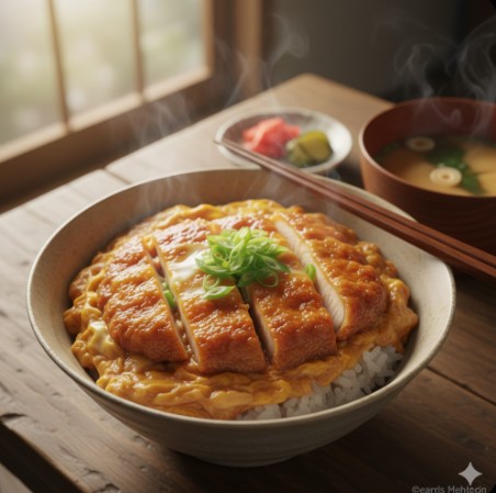 揚げ鶏を使った美味しそうな親子丼が食卓に置かれている画像