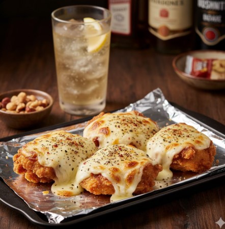 とろけるチーズと黒胡椒がたっぷりかかった揚げ鶏のチーズ焼きと、ハイボールが写っている画像