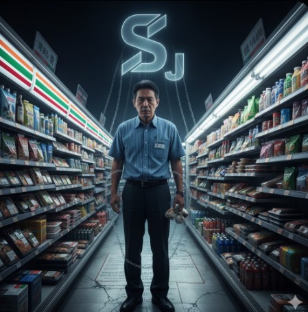 コンビニエンスストアの暗い通路の中央に立つ、疲れ切った表情の日本人オーナー。手足には鎖が巻かれ、上空には「SJ」のネオンサインが光る。