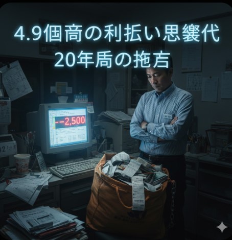 コンビニエンスストアの暗い通路の中央に立つ、疲れ切った表情の日本人オーナー。手足には鎖が巻かれ、上空には「SJ」のネオンサインが光る。