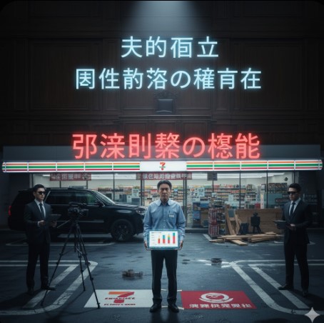コンビニエンスストアの前でデータを示す日本人オーナー。両脇にはサングラスをかけた黒服の男性が立ち、オーナーの上には「法的孤立」「団体交渉権の不存在」とネオンで表示され、下方には赤いネオンで「非倫理的な戦術」と表示されている。