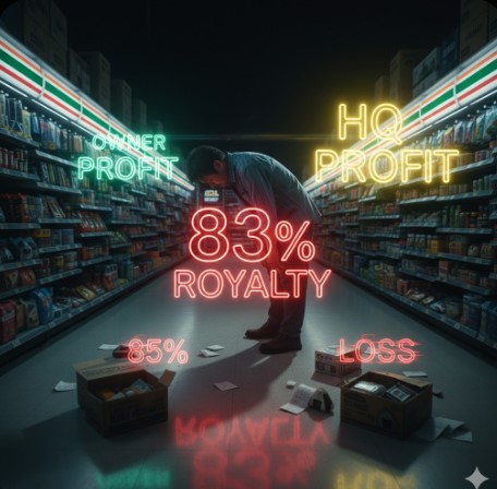 コンビニの通路で、床に散らばった廃棄商品を見つめる日本人男性。彼の上には「83% ROYALTY」の大きなネオンサイン、その両脇には「OWNER PROFIT」と「HQ PROFIT」、そして「85% LOSS」が光る。