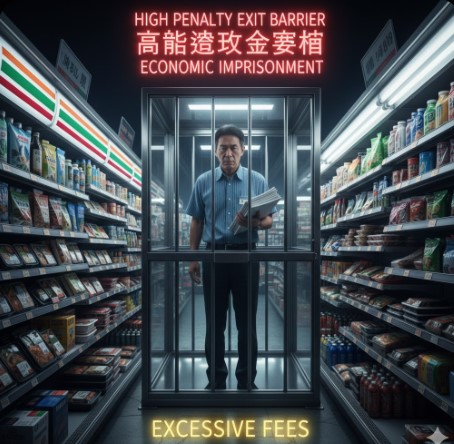 コンビニの通路の中央で、鉄格子の中に閉じ込められた日本人男性オーナー。彼の頭上には「HIGH PENALTY EXIT BARRIER」「高額違約金」「ECONOMIC IMPRISONMENT」と表示され、足元には「EXCESSIVE FEES」と表示されている。