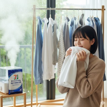 室内で洗濯物を干している様子。湿度の高い部屋でも洗濯物が爽やかに乾いている雰囲気を演出。