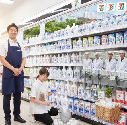 やわらかい光の中で、母親が赤ちゃんの服を優しく洗濯している様子。植物由来の洗剤が近くに置かれている。