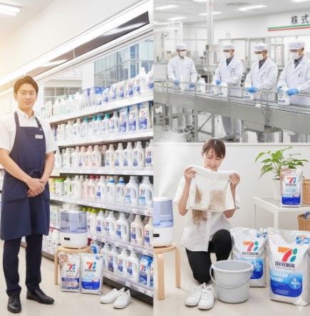 セブンイレブンの洗剤と他社の洗剤が並べられ、値段を比較している手元のクローズアップ。価格の安さを強調する。