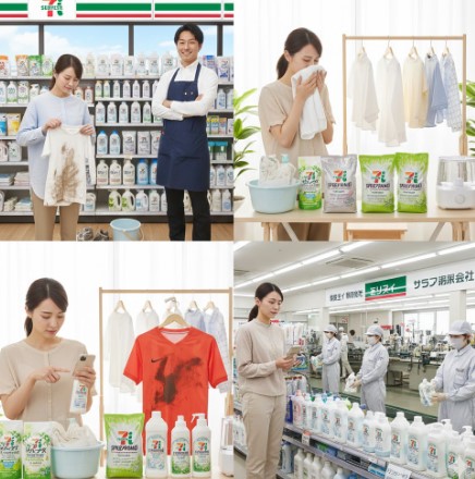 泥だらけの子供服を前に困った表情の女性。手元にはセブンイレブンの液体洗剤があり、部分洗いをしている様子。