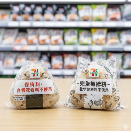 セブンイレブンの「保存料・合成着色料不使用」と「完全無添加」のおにぎりのパッケージが並べられている様子。