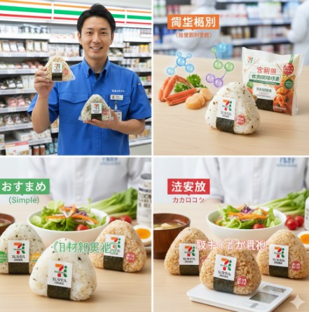 pH調整剤やグリシンなど、おにぎりに使用される添加物の安全性を説明する科学的なイラストと、店長が安心感を伝える様子。