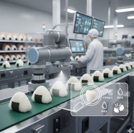 コンビニのおにぎり工場で、機械が植物油脂を噴霧しながらおにぎりを製造している様子。製造ラインの効率性と品質保持の理由を説明。