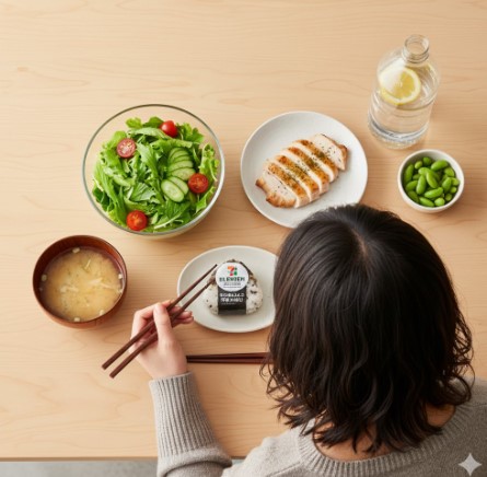 日本人女性がセブンイレブンのもち麦おにぎり、サラダチキン、枝豆、味噌汁でバランスの取れたダイエット食を食べている俯瞰図。