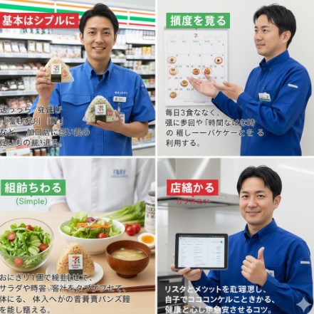 日本人コンビニ店長が、おにぎりの「選び方」「食べる頻度」「組み合わせ」をアドバイスするコラージュ。シンプルなおにぎり、カレンダー、バランスの取れた食事、タブレットを持つ店長の様子。