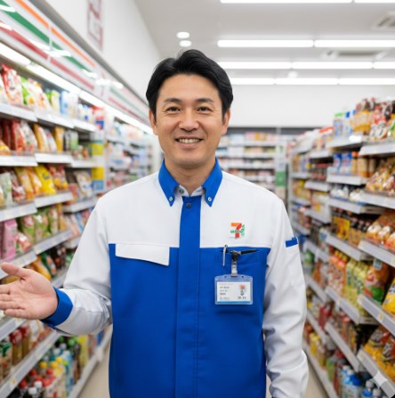 コンビニエンスストアの店内で、笑顔で客を迎える日本人男性店長。親しみやすく信頼できる様子。