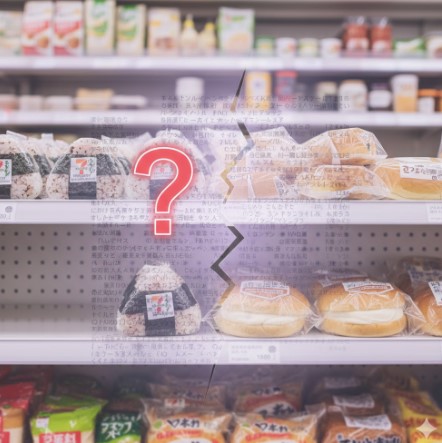 コンビニの食品棚に並ぶおにぎりやパン。透明なパッケージから見えるシンプルな食品と、その裏に隠された複雑な食品表示法を象徴するイメージ。