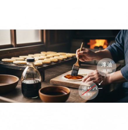 おせんべいを焼く日本の職人の手元。醤油の瓶と焼き上がったおせんべいが並び、キャリーオーバーの仕組みを視覚的に説明する。