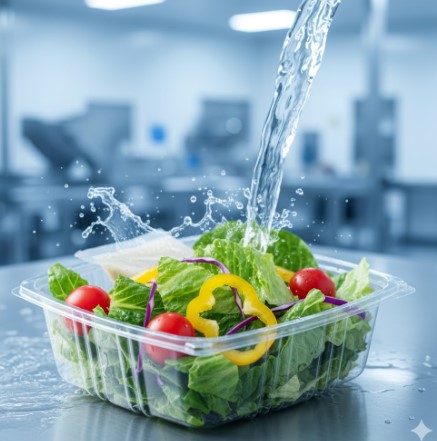 新鮮なレタスやトマトが盛られたシャキシャキの野菜サラダ。背景には、洗浄工程を想起させる清潔な水の流れがぼんやりと見える。