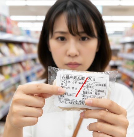 日本人女性がコンビニで買った商品の裏面にある原材料表示ラベルを真剣な表情で読んでいる様子。強調された「／（スラッシュ）」が視線を集める。
画像6