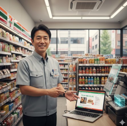 コンビニ店長が自分のブログ「マイローカルコンビニ」を表示したノートパソコンを指し示す、笑顔の日本人男性。