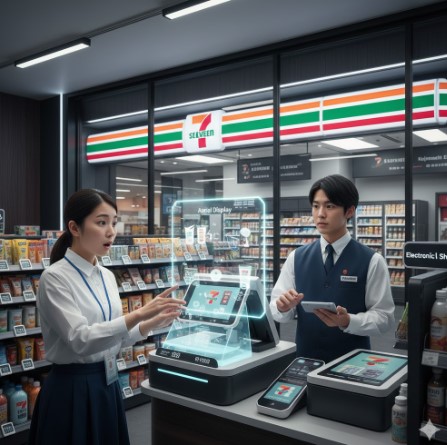 最新技術を導入したセブンイレブン直営店の店内。空中ディスプレイPOSを驚きながら操作する女性店員と、タブレットを持つ男性店員。