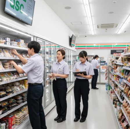 セブンイレブンの研修センター店舗で、指導員の女性が棚を整理する研修生を見守る様子。