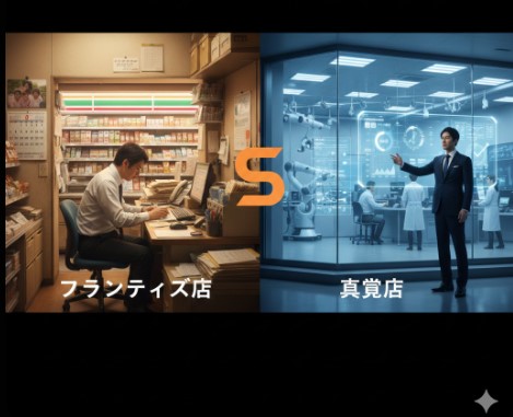 左側に個人オーナーが帳簿を付けるフランチャイズ店、右側に研究室で未来技術を開発する直営店を対比させたイラスト。中央にはセブンイレブンのロゴが配置されている。