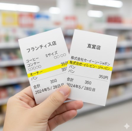 コンビニのレシートを手に持つ日本人。フランチャイズ店のレシートには「オーナー名」が、直営店のレシートには「株式会社セブン-イレブン・ジャパン」がそれぞれマーカーでハイライトされている。