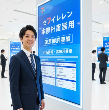 「セブンイレブン 本部社員登用 店長候補募集」と書かれた採用案内パネルの前で笑顔で立つ日本人男性。