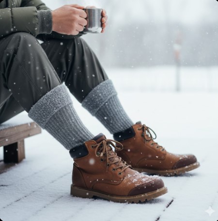 雪が降る寒い冬の屋外で、セブンイレブンのボディヒーターソックスを履いて暖かそうな日本人男性の足元。厚手の靴下が暖かさを表現。