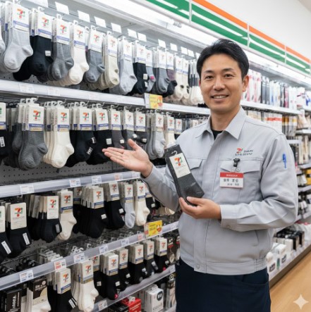 現役の日本人コンビニ店長がセブンイレブンの靴下売り場で商品を手に取り、自信を持って紹介している様子。