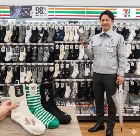 セブンイレブンの店長が靴下売り場でさまざまな種類の靴下を紹介している。手前には高機能消臭ソックスとファッション性の高いコラボソックスがある。