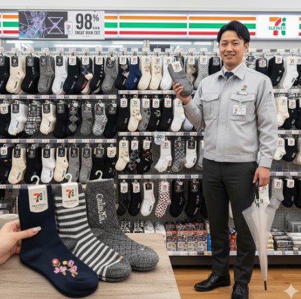 セブンイレブンの店長がボディヒーターシリーズの暖かそうなウール混の靴下を紹介。手前には様々なデザインの冬用靴下が並ぶ。