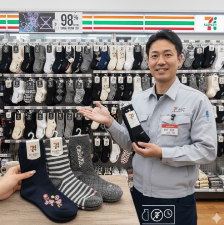 セブンイレブンの店長がAdSep®消臭レーヨンを使用した高機能消臭ソックスを手に持ち、その優れた性能をアピールしている。