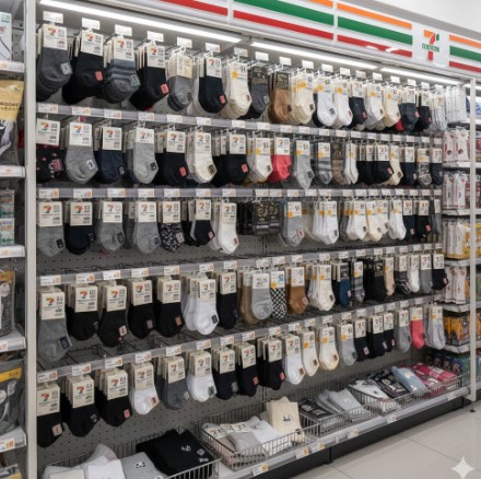 セブンイレブンの広々とした靴下売り場。カラフルで多様な丈やデザインの靴下が整然と陳列されている。